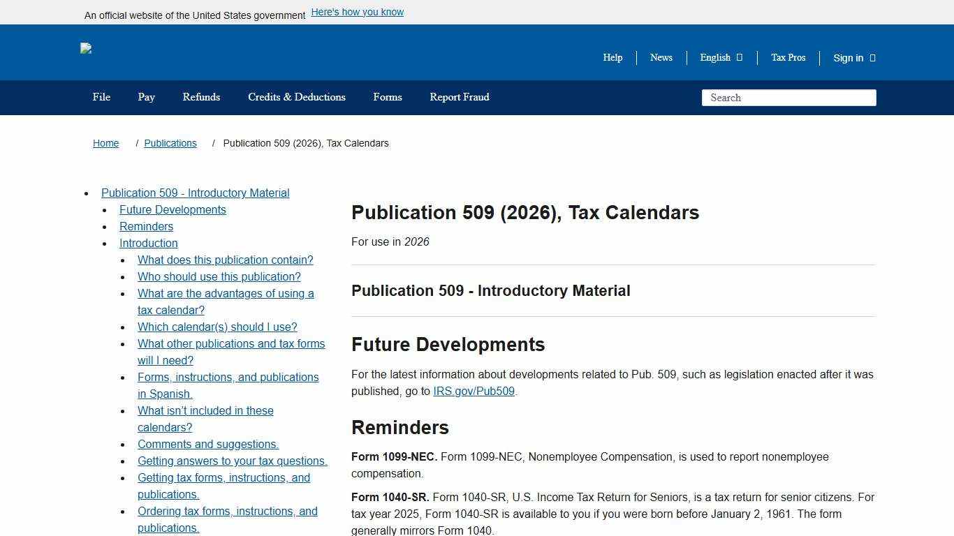 Publication 509 (2026), Tax Calendars Internal Revenue Service