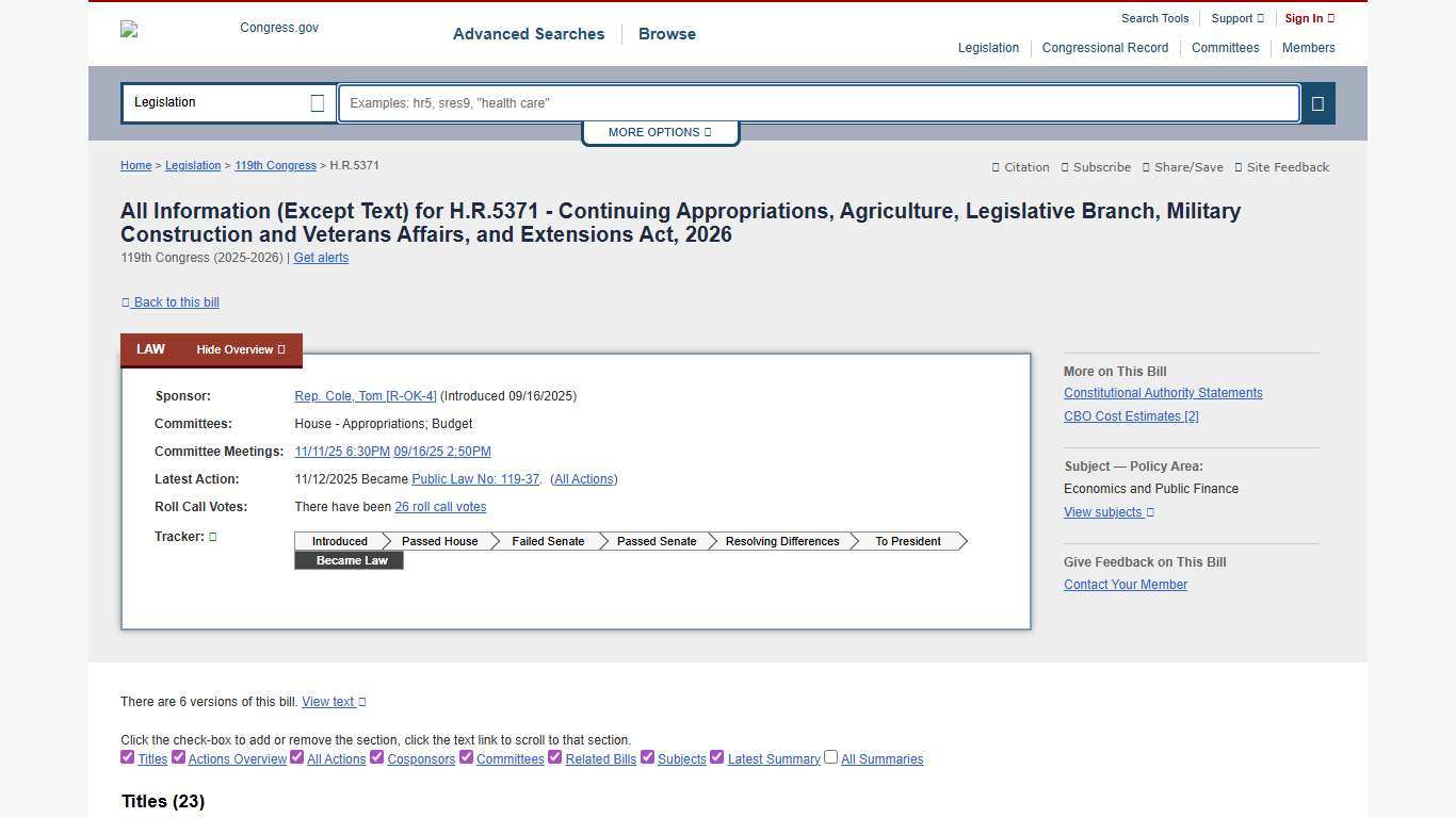 All Info - H.R.5371 - 119th Congress (2025-2026): Continuing Appropriations, Agriculture, Legislative Branch, Military Construction and Veterans Affairs, and Extensions Act, 2026 Congress.gov Library of Congress