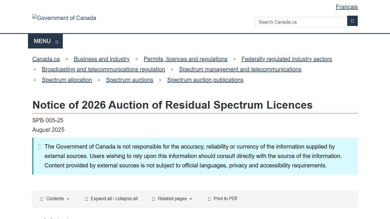 Notice of 2026 Auction of Residual Spectrum Licences